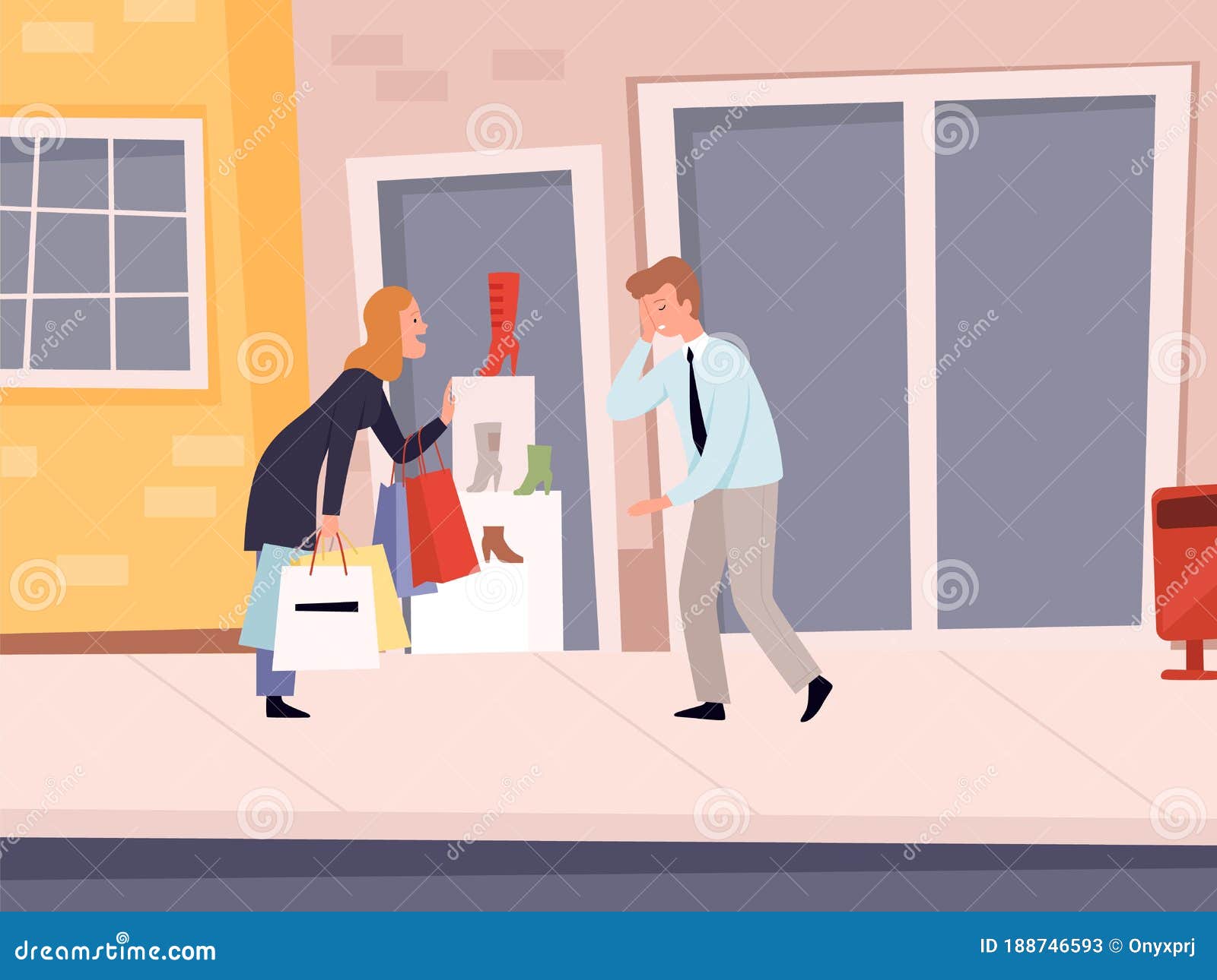 Shopping Addiction Woman Want New Shoes Mad Tired Stores Street Sales Or Travellers Customers Seasonal Discount Stock Vector Illustration Of Buying Character