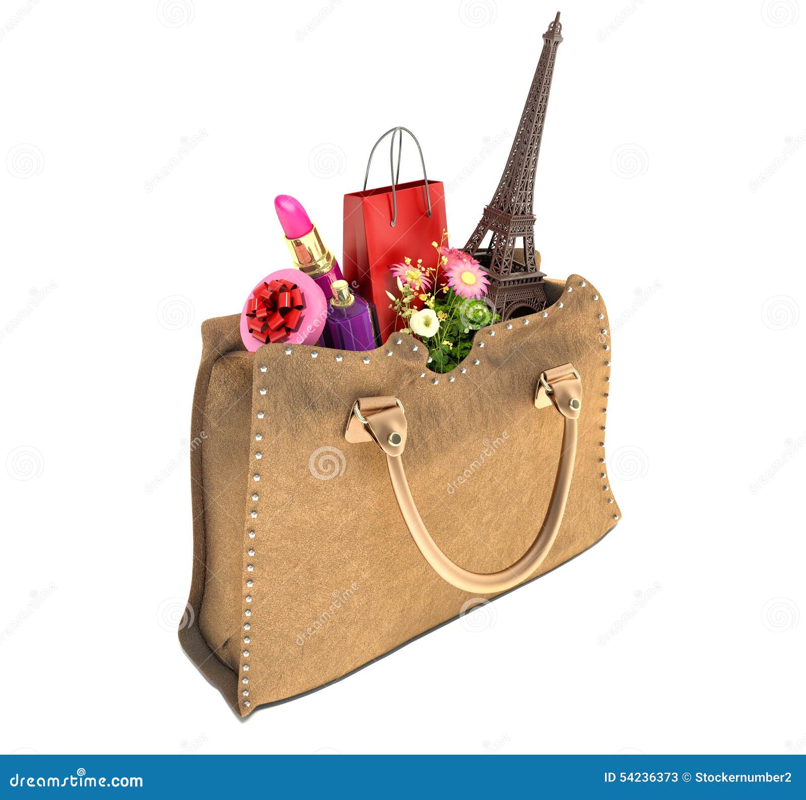 Shopping Bag and the Eiffel Tower in Handbags. Stock Illustration