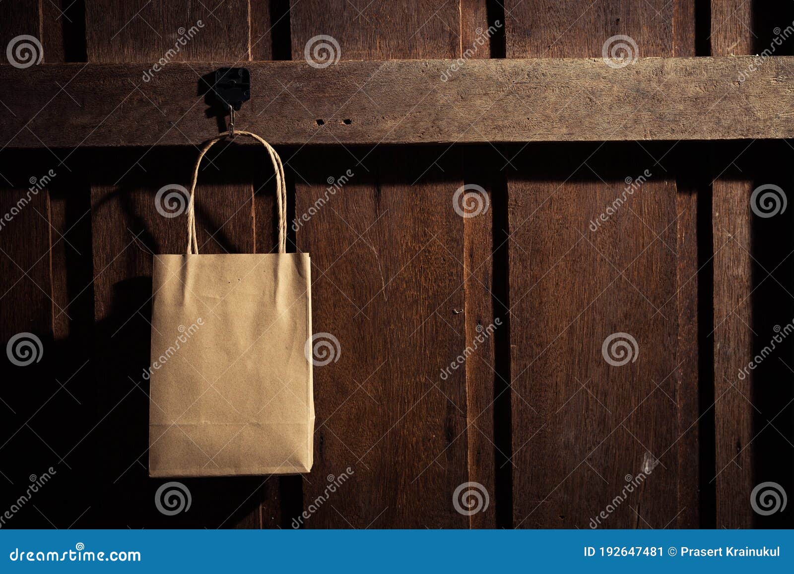 Shopping Bag Hanging on the Wooden Wall Stock Image Image of neutral