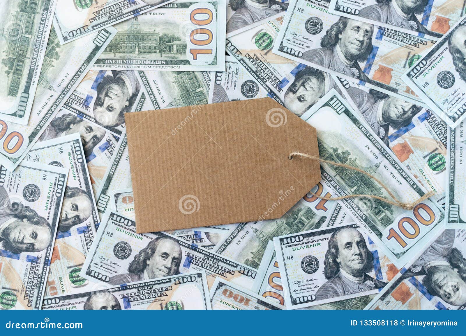 Download Shopping Banner Mockup With Cardboard Label On Dollar Money Banknotes Background Stock Photo Image Of Holiday Green 133508118