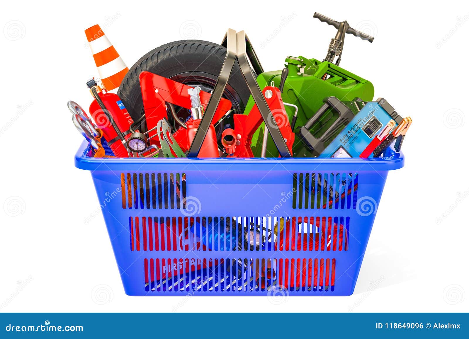 shopping basket with car tools, equipment and accessories. 3d re