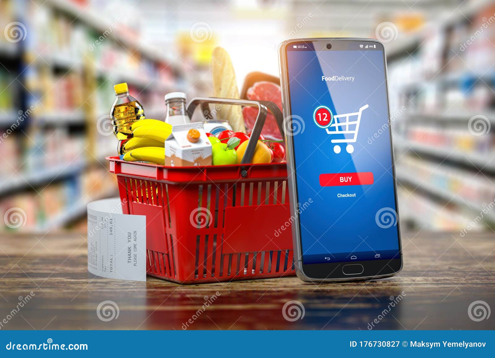 shopping basket with fresh food and smartphone. grocery supermarket, food and eats online buying and delivery concept