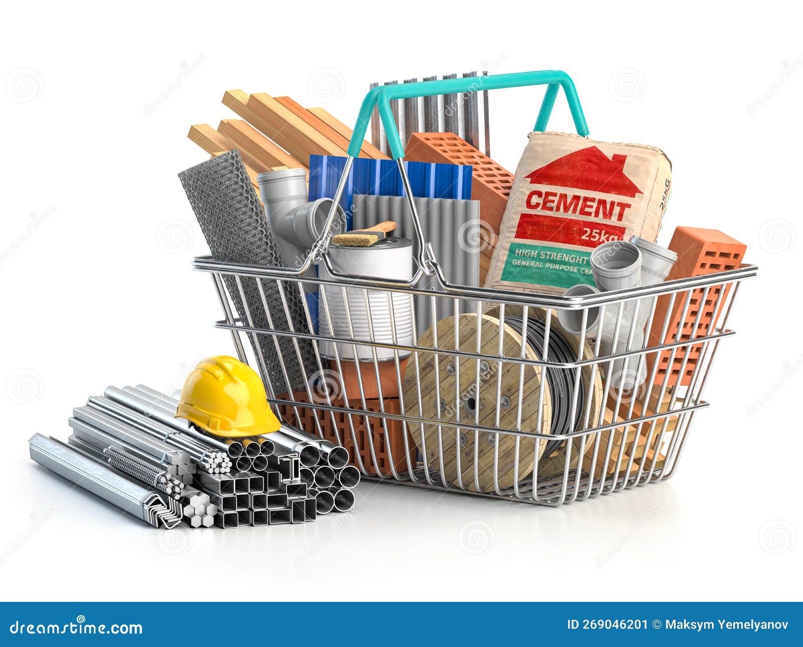 Shopping Basket Full of Construction Materials and Tools with