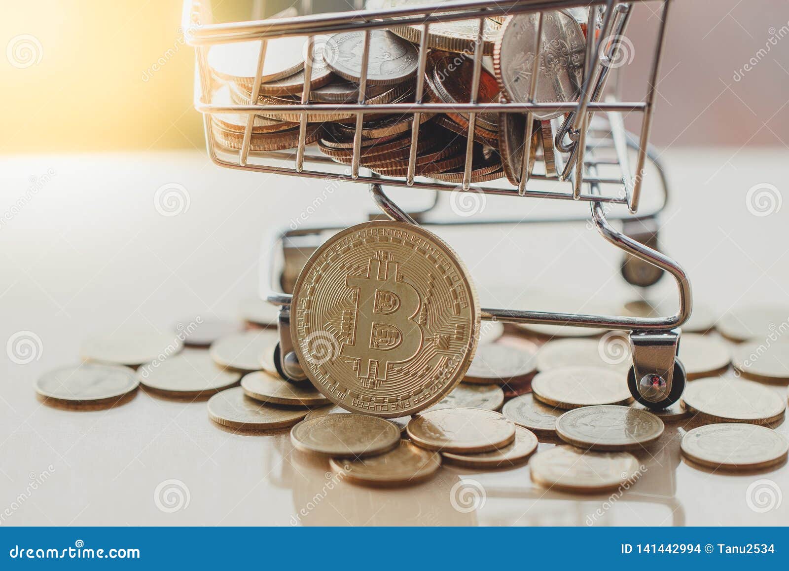 shopping cart and bitcoin, concept of cryptocurrency market, paying with bitcoin or altcoin