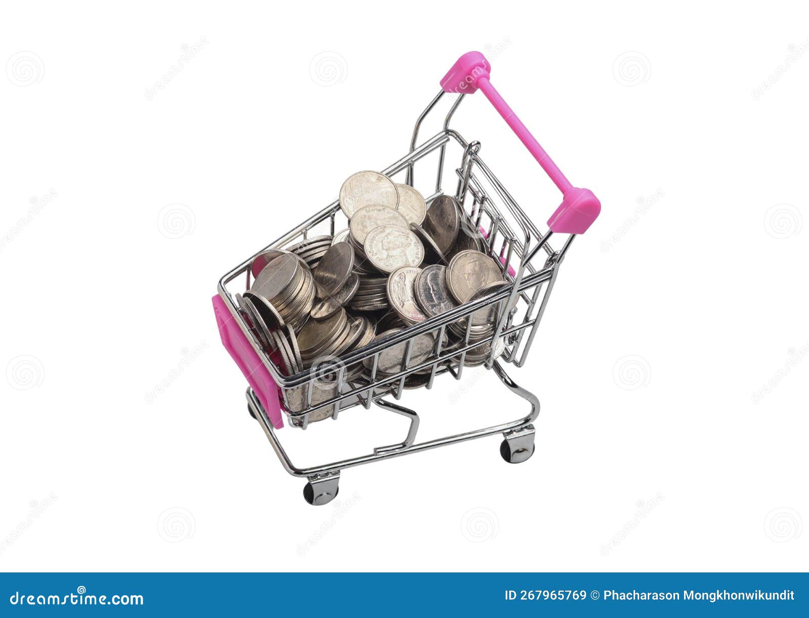 Shopping Cart with Coins on White Background.Isolated Stock Image