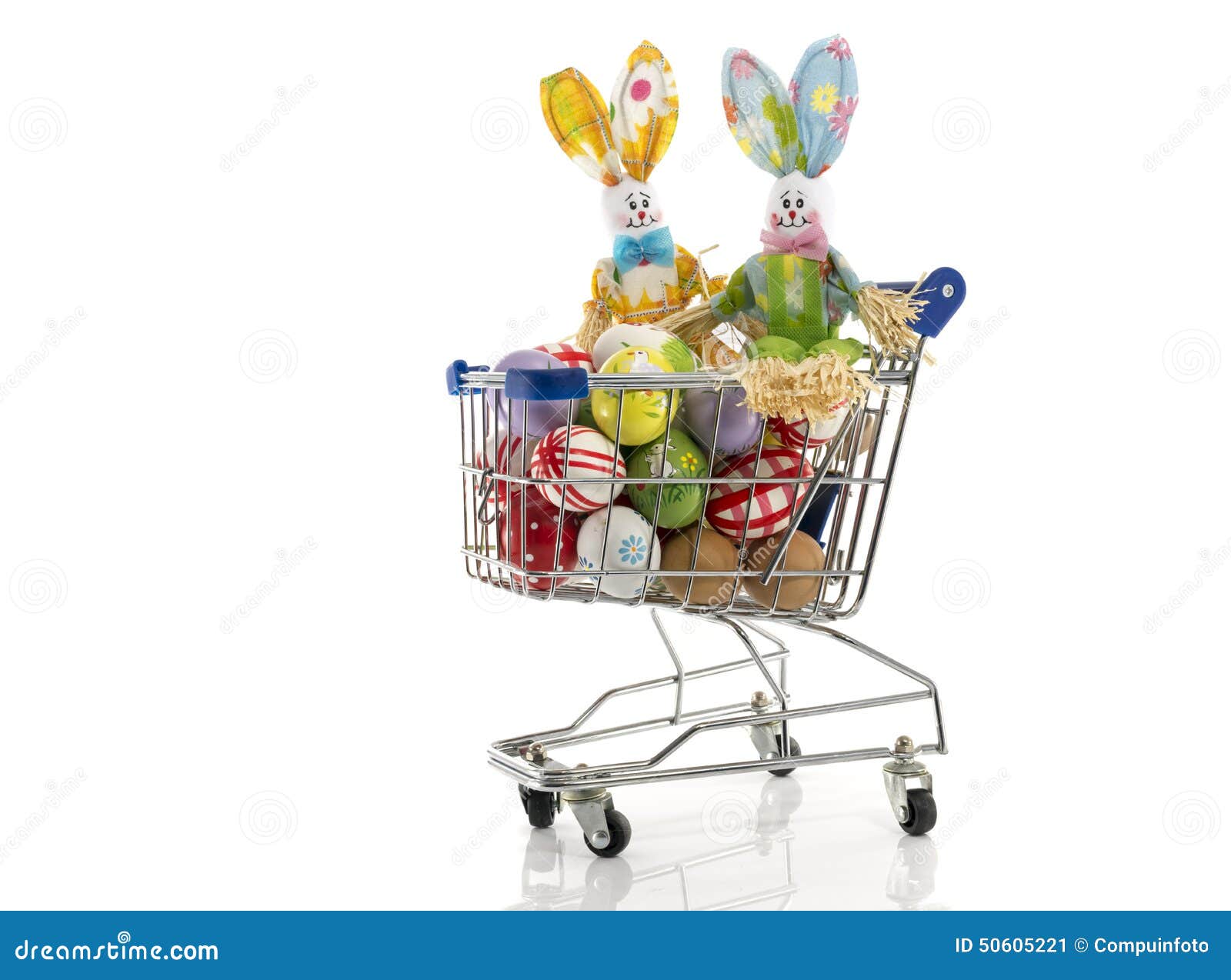 Shopping Cart with Easter Eggs and Bunny Isolated on White Stock Image