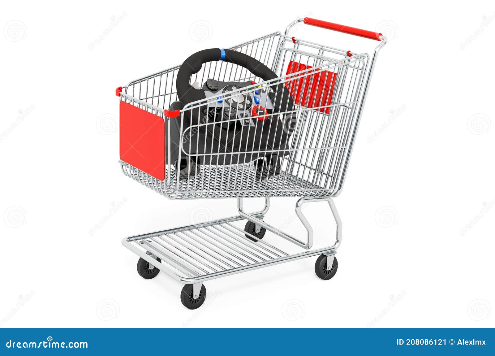 Shopping Cart with Gaming Steering Wheel. 3D Rendering Stock Illustration Illustration of