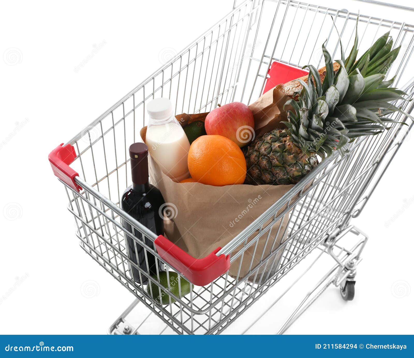 Shopping Cart with Groceries on White Background Stock Photo Image of