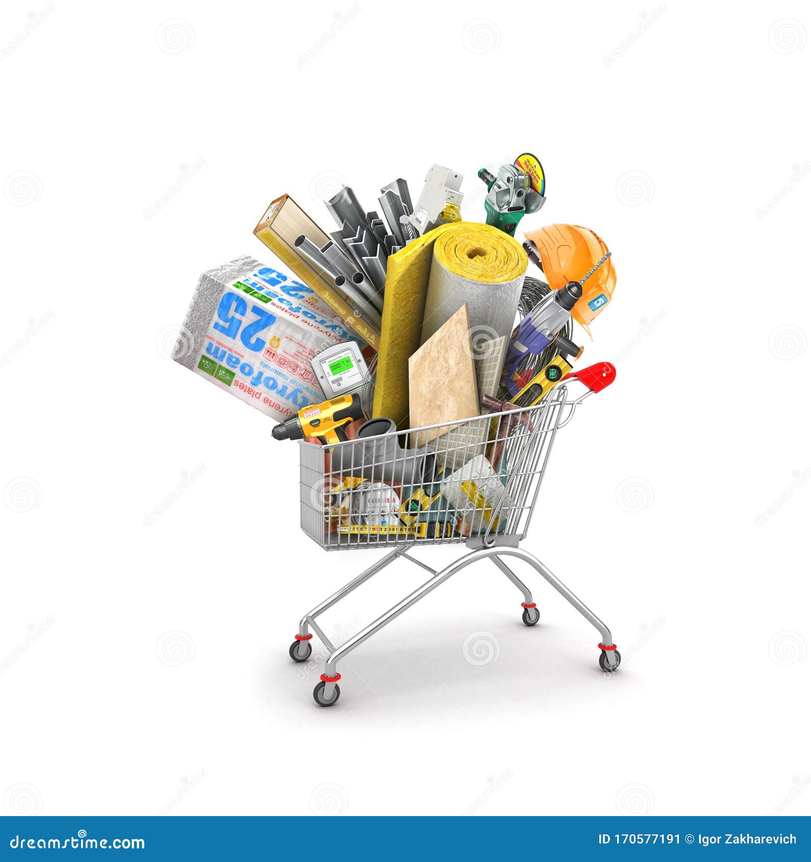 shopping cart with heap of building materials