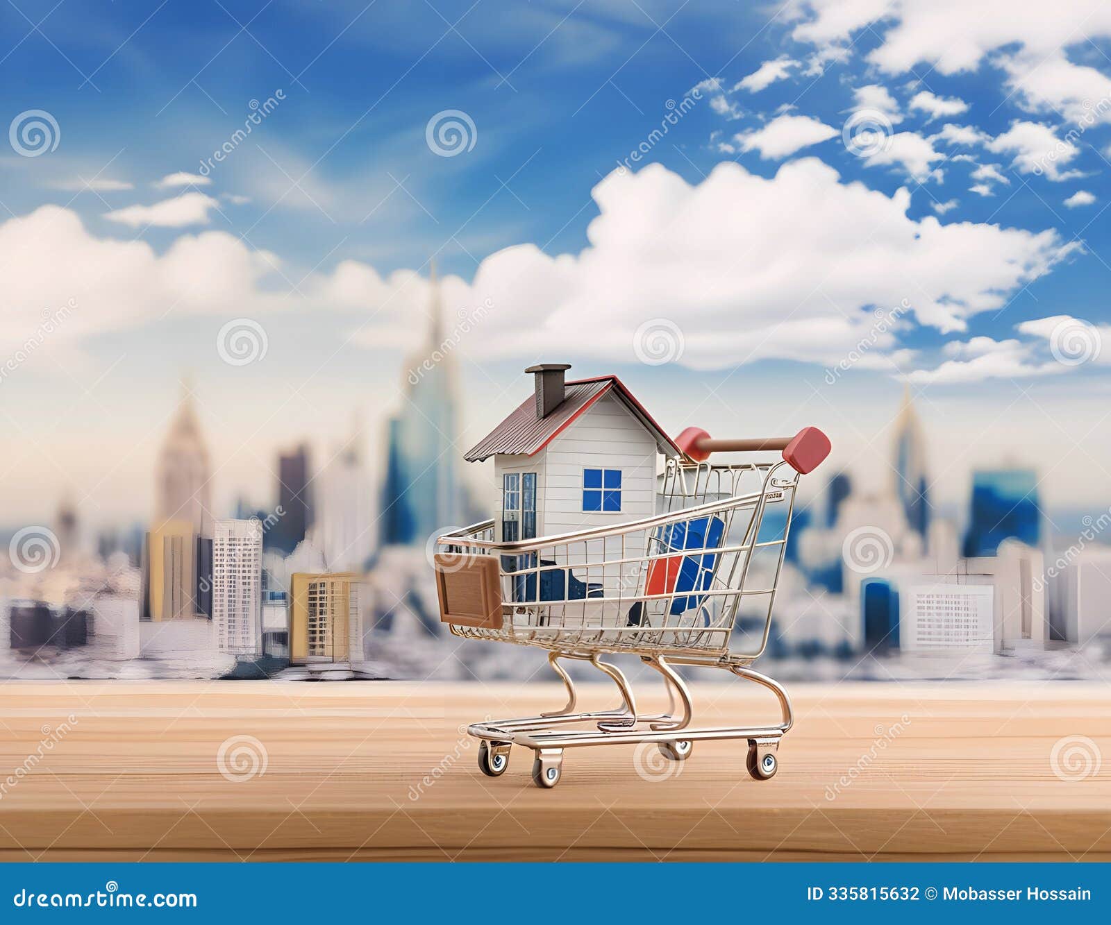 shopping cart with a house model against a cityscape background, izing real estate and property investment. high-resolution