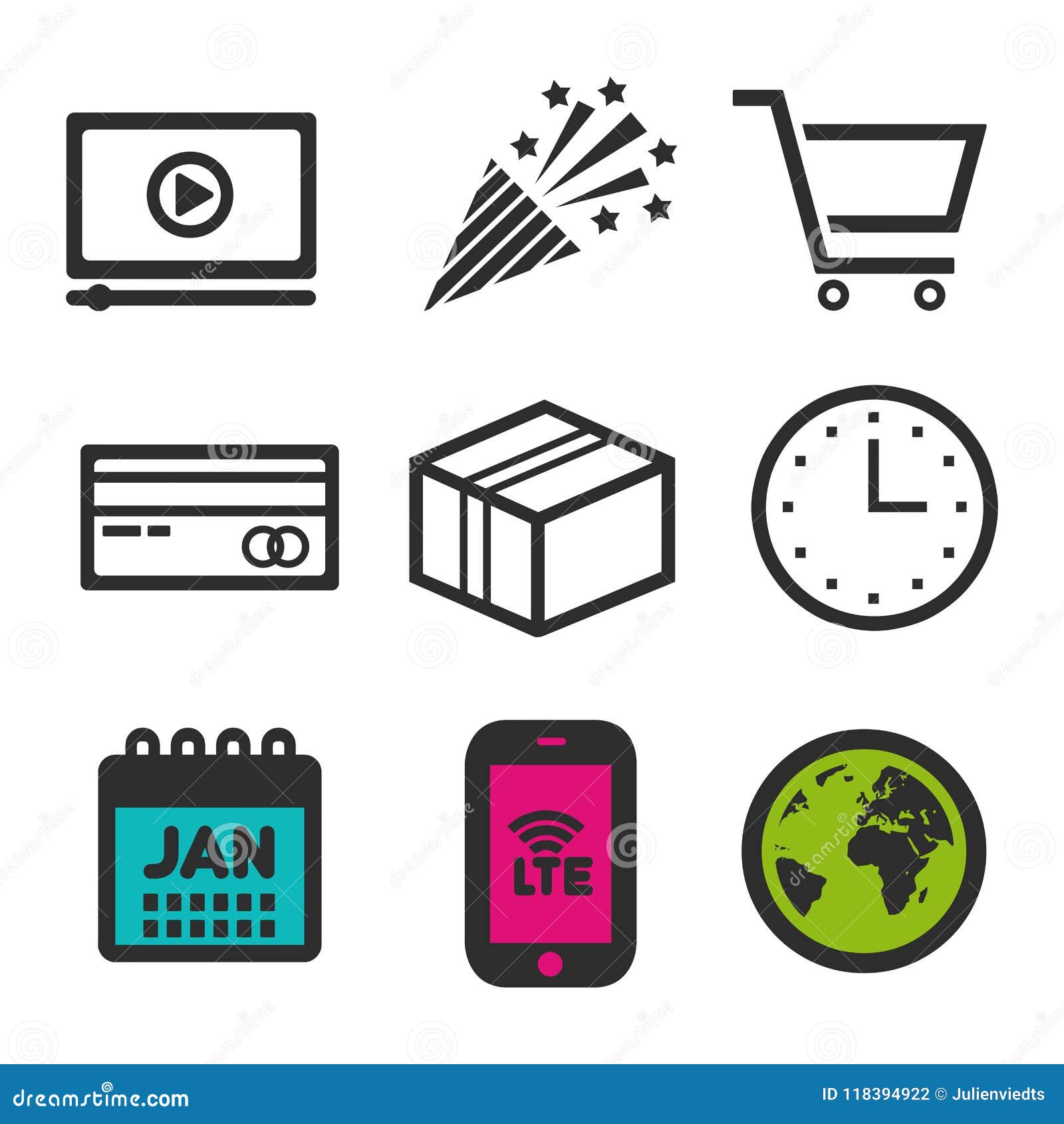 shopping cart icon video play symbol party icon credit credit card calendar