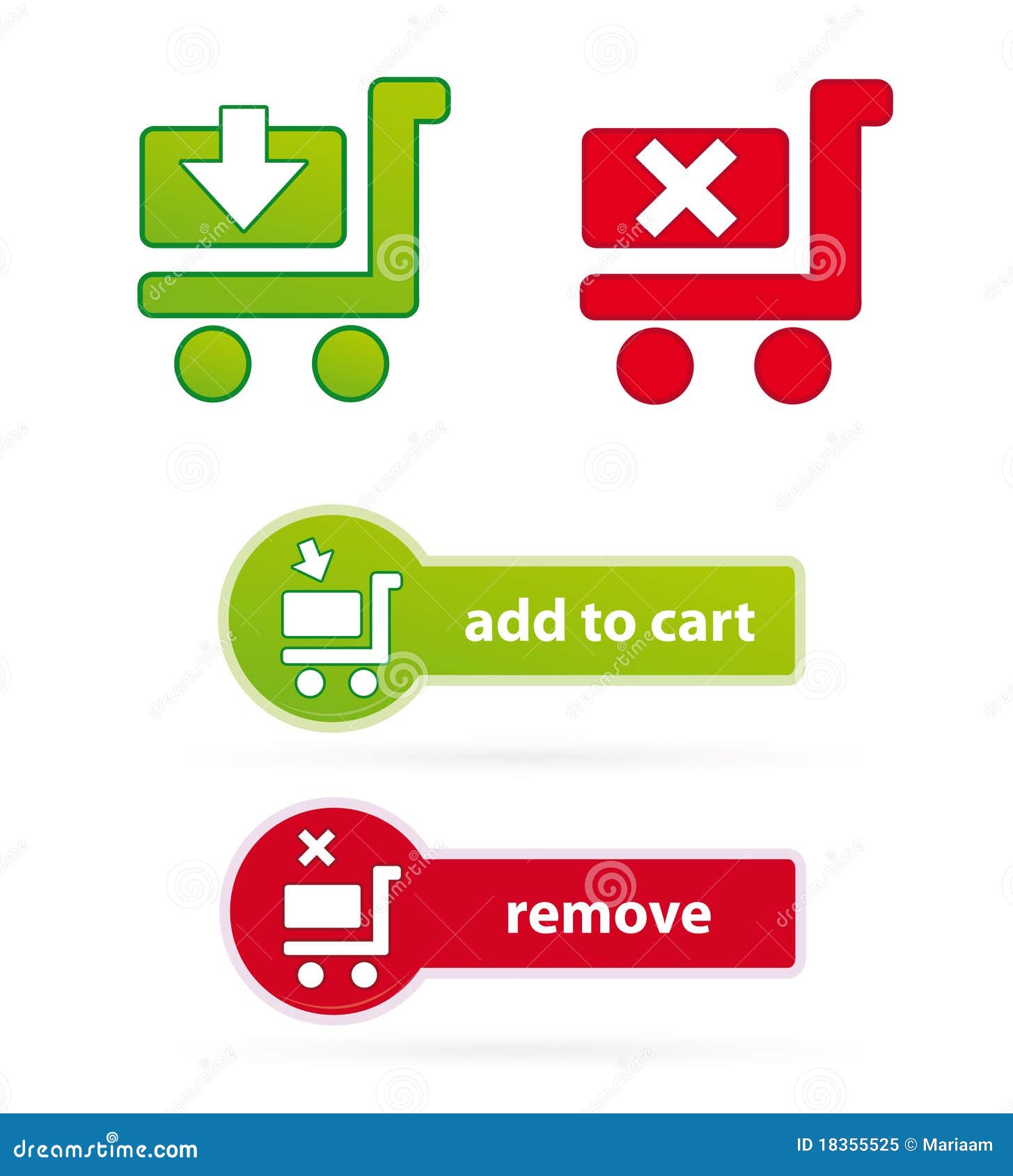 Shopping cart icons and buttons. Add to cart and remove from cart shopping icons and buttons isolated over white.