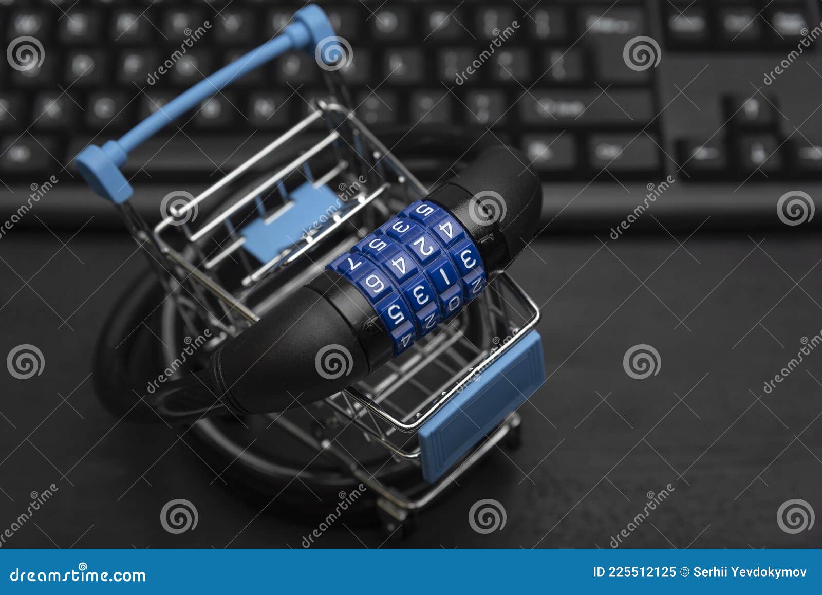 Shopping Cart with Lock on Computer Keyboard. Online Shopping Security