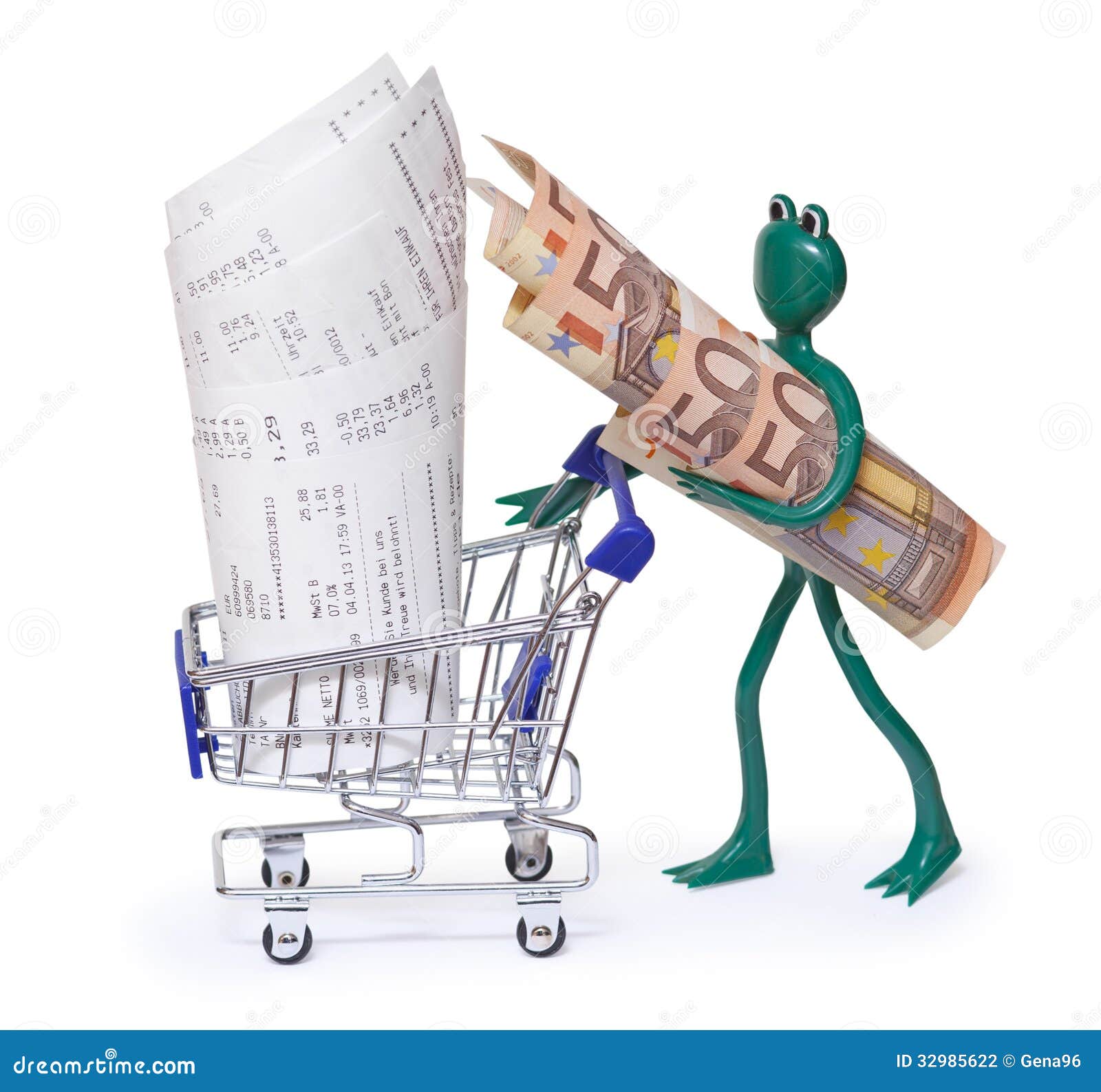 shopping cart with receipts and frog with 50 euro bills