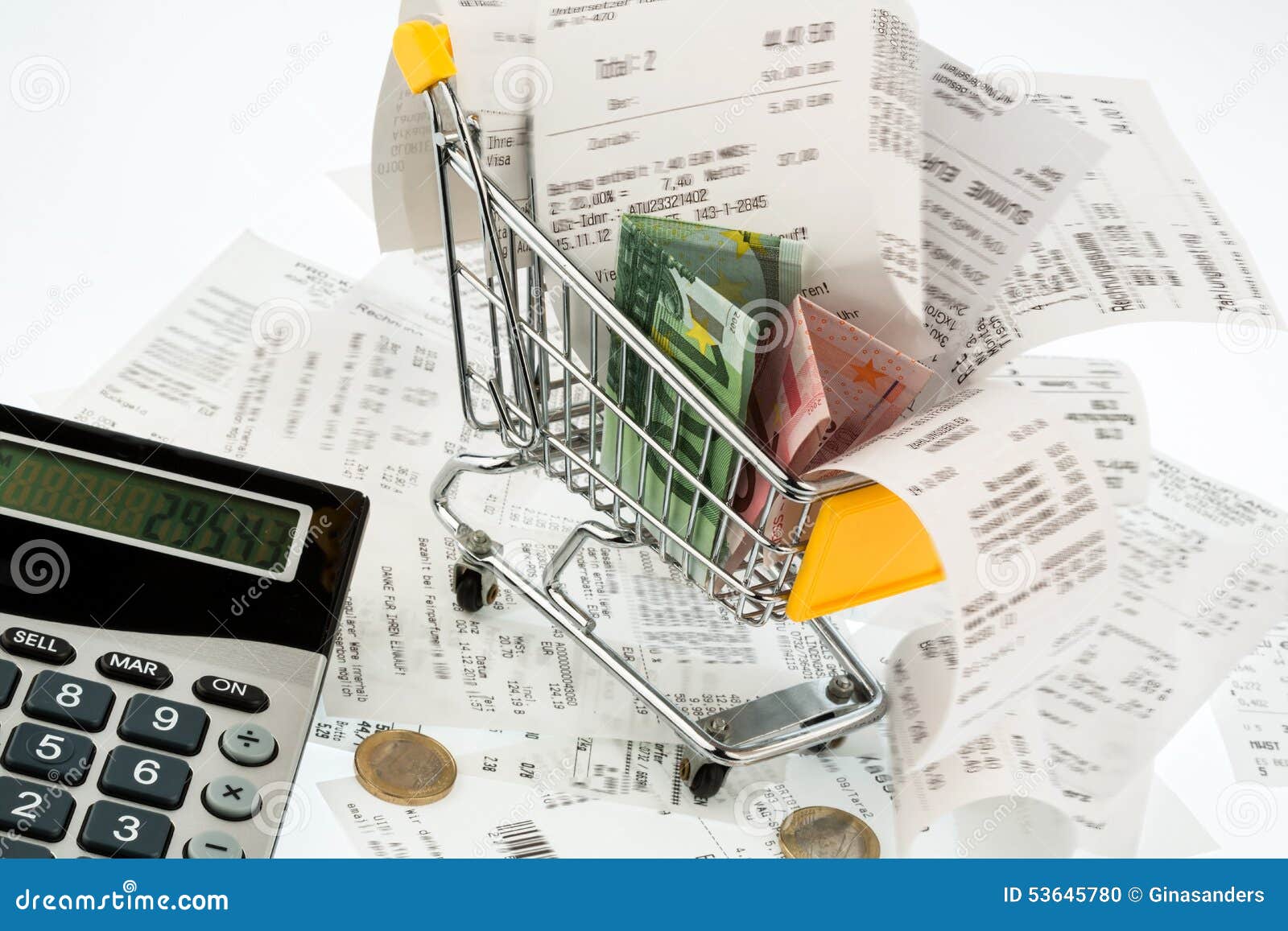 shopping cart, receipts and money