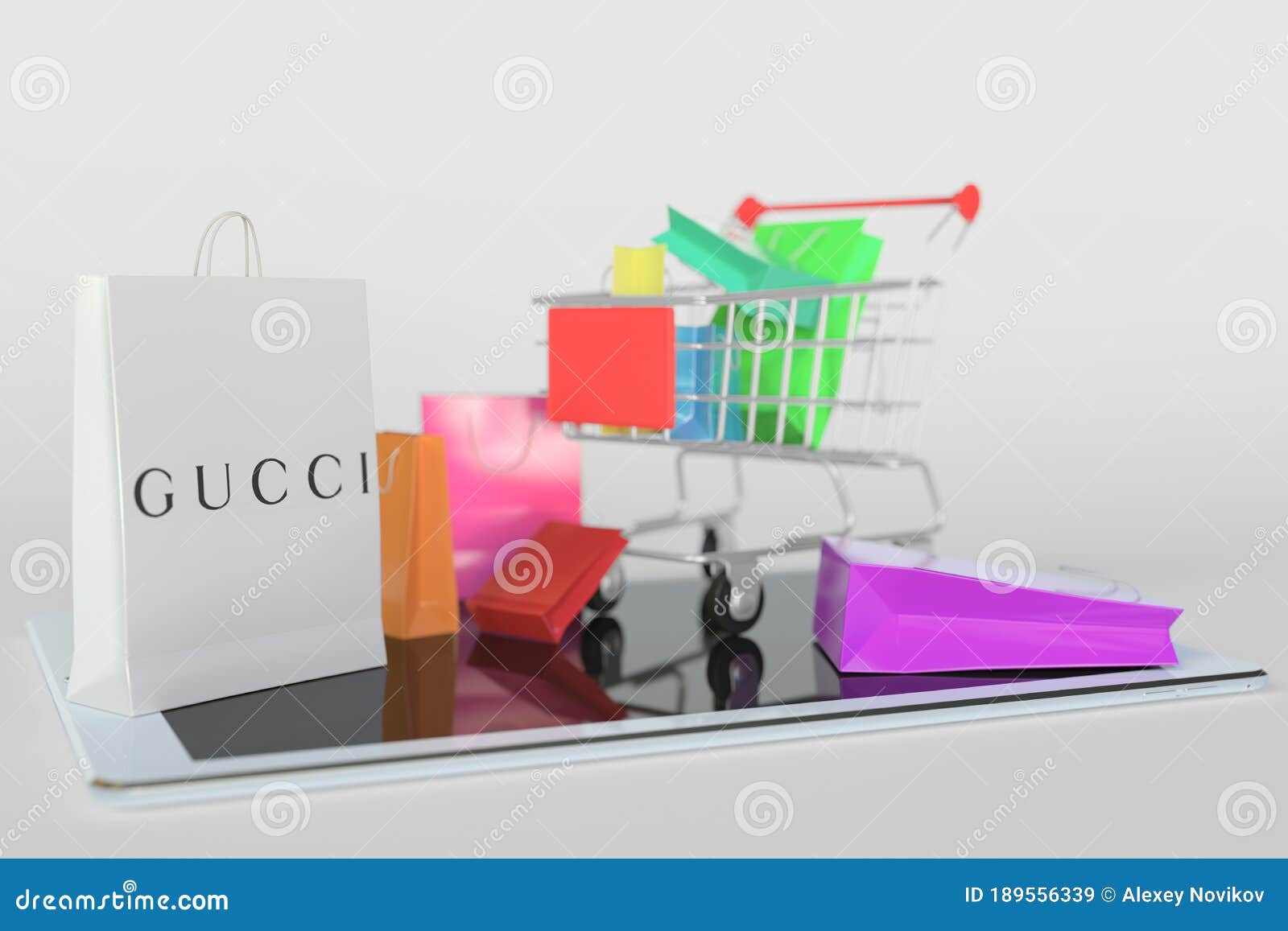 Shopping Cart on a Tablet Computer and Paper Bag with Gucci Logo. Editorial  E-commerce Related 3D Rendering Editorial Stock Image - Illustration of  gucci, sale: 189556339