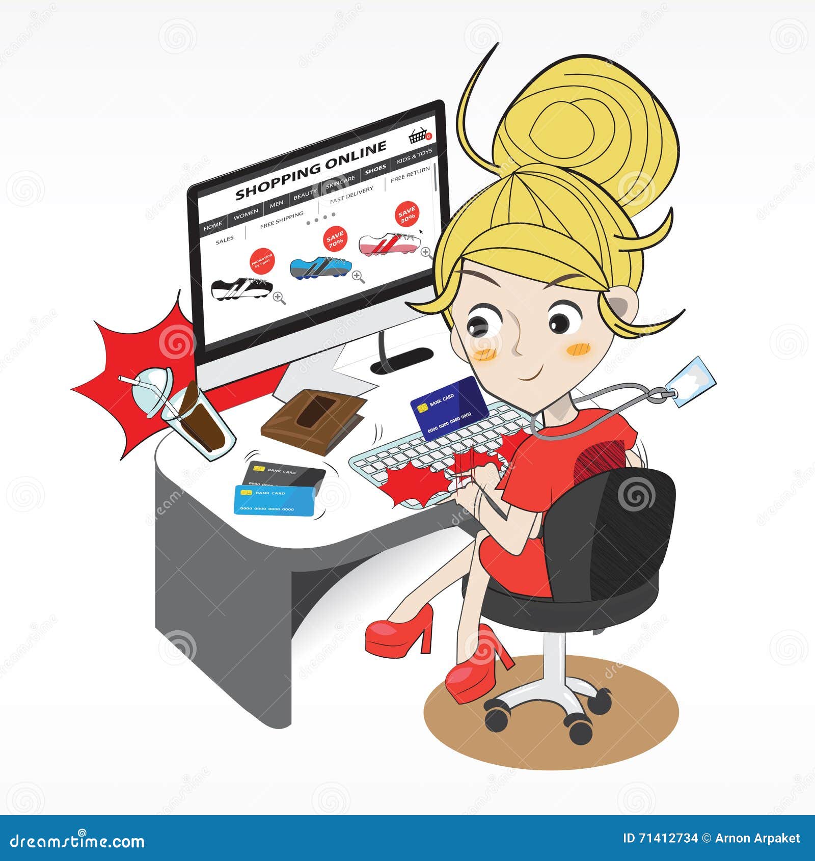 Shopping Online Cartoon Character Stock Illustration - Illustration of