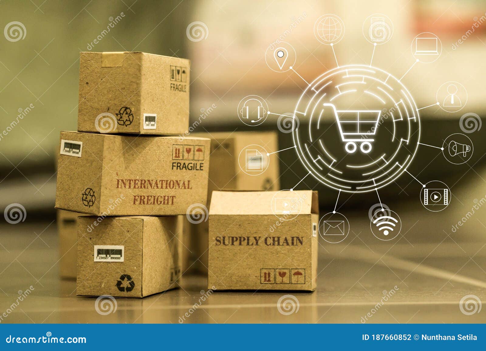 shopping online, e-commerce concept: cardboard boxes products in warehouse. depicts of international freight or shipping service