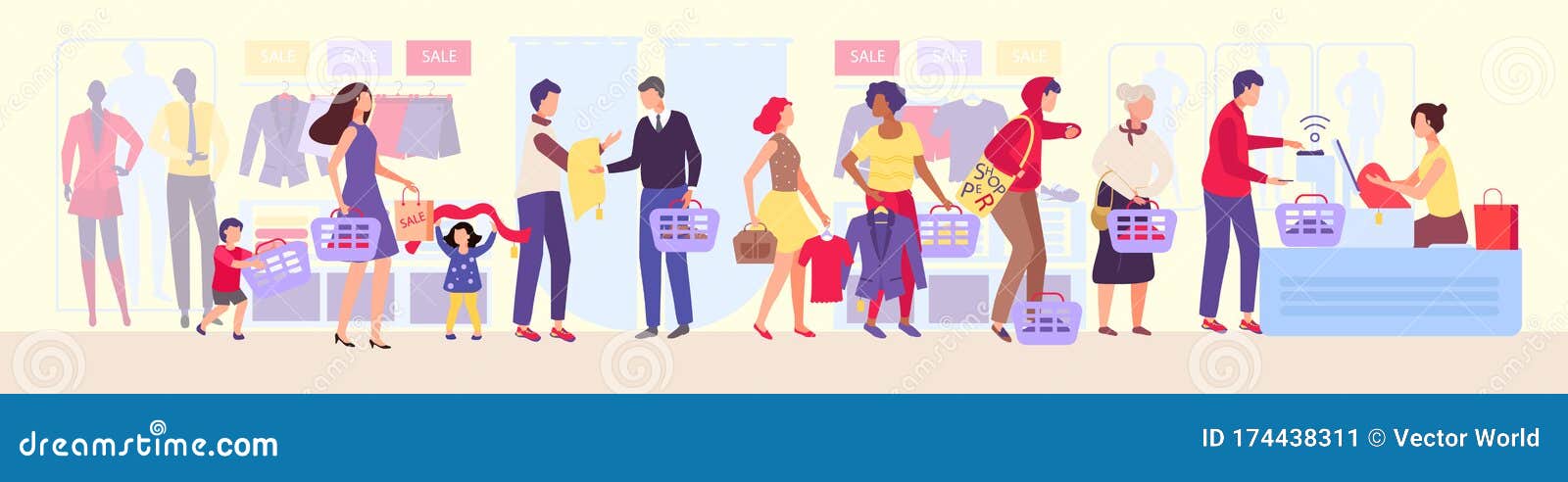 shopping queue in clothing store  , queueing the group of people in shop during the sale, cartoon