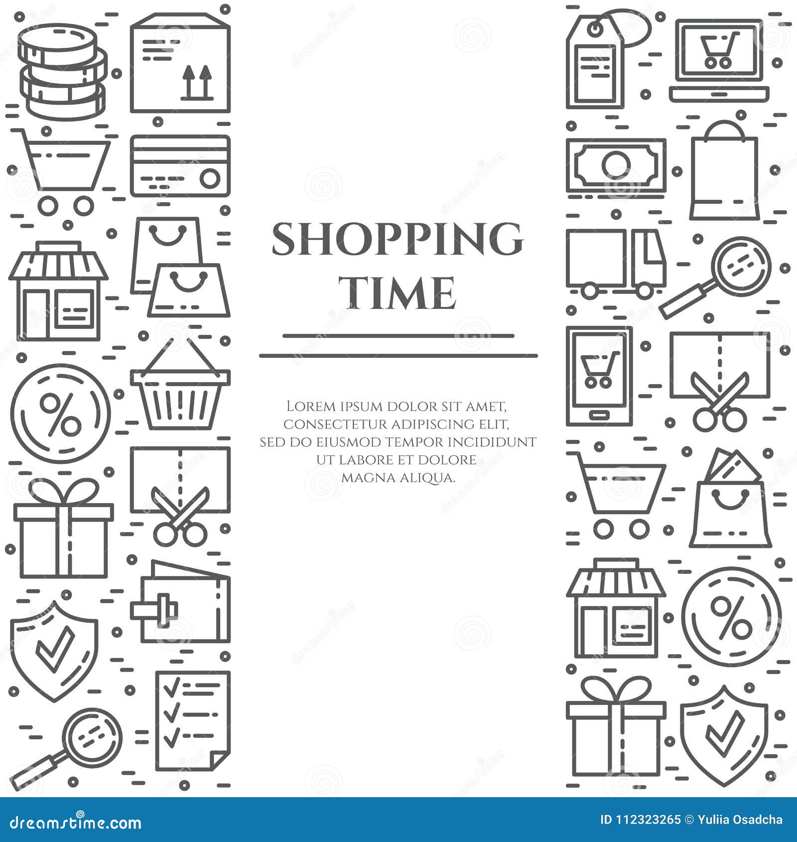 shopping theme banner with two vertical rectangles consisting of line icons with editable stroke.
