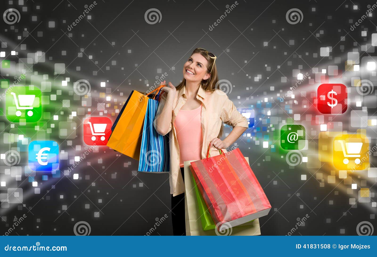 shopping woman surrounded by icons of e-commerce