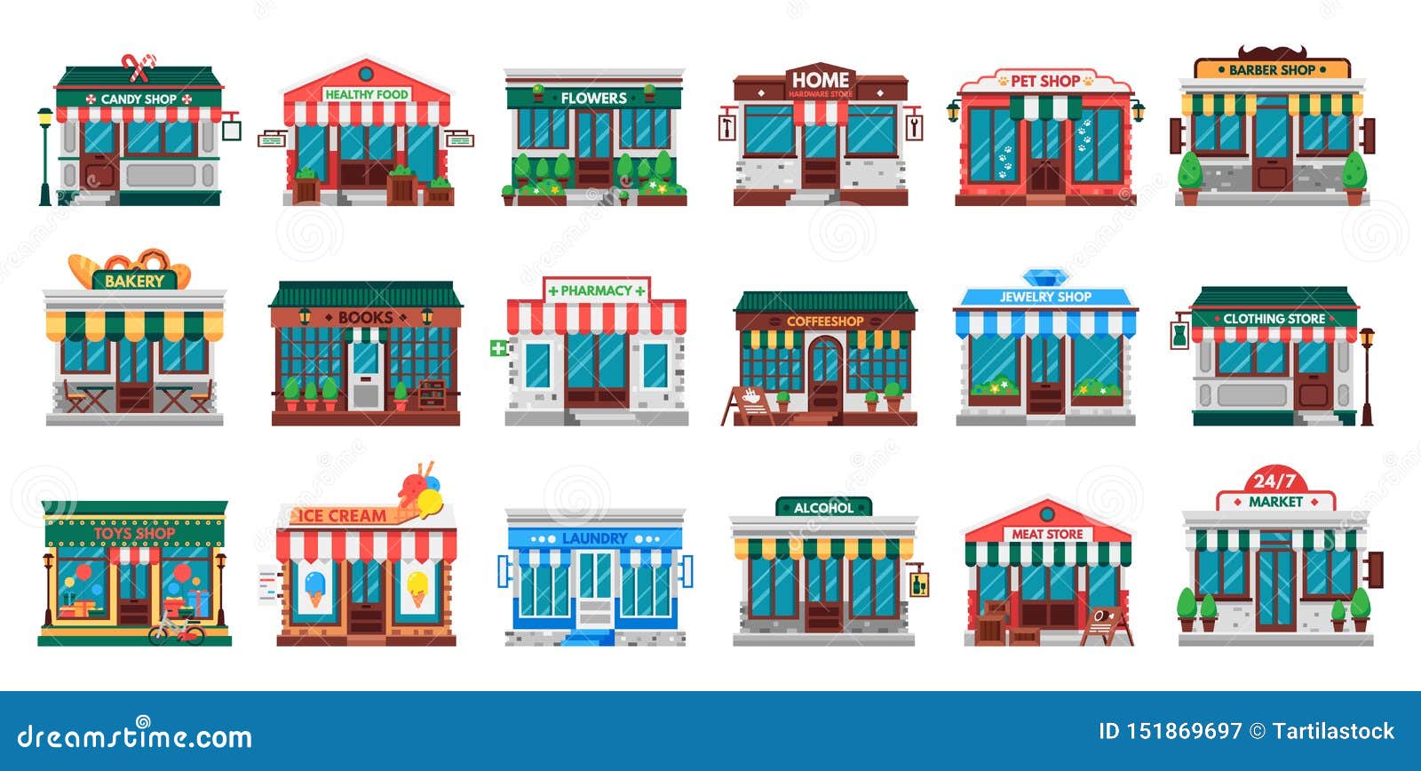 shops facades. laundry building, hardware store facade and pharmacy shop flat  set