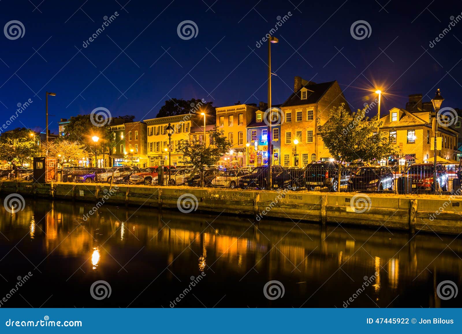 shops and restaurants at night in fells point, baltimore, maryland.