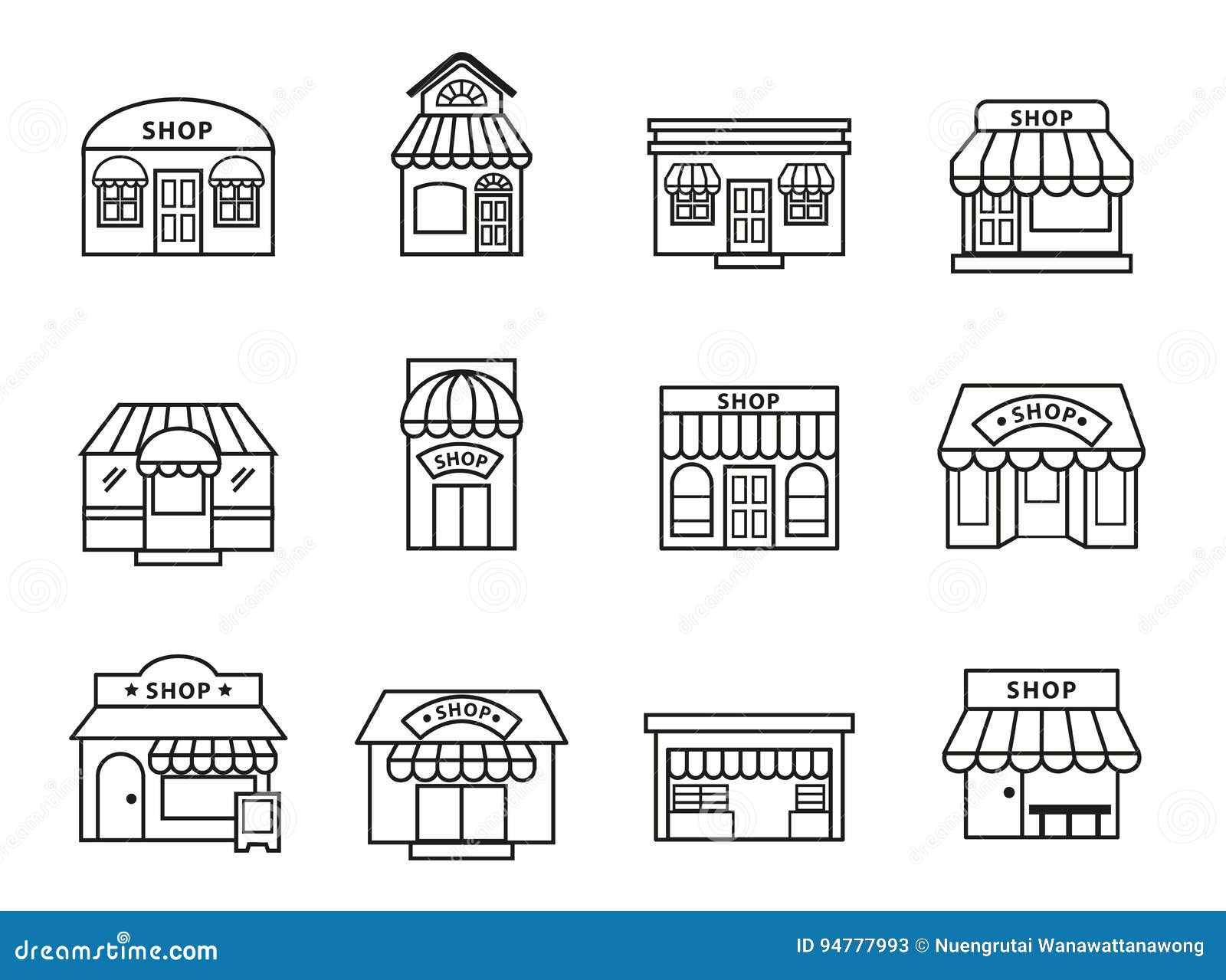 shops and stores building icons set.