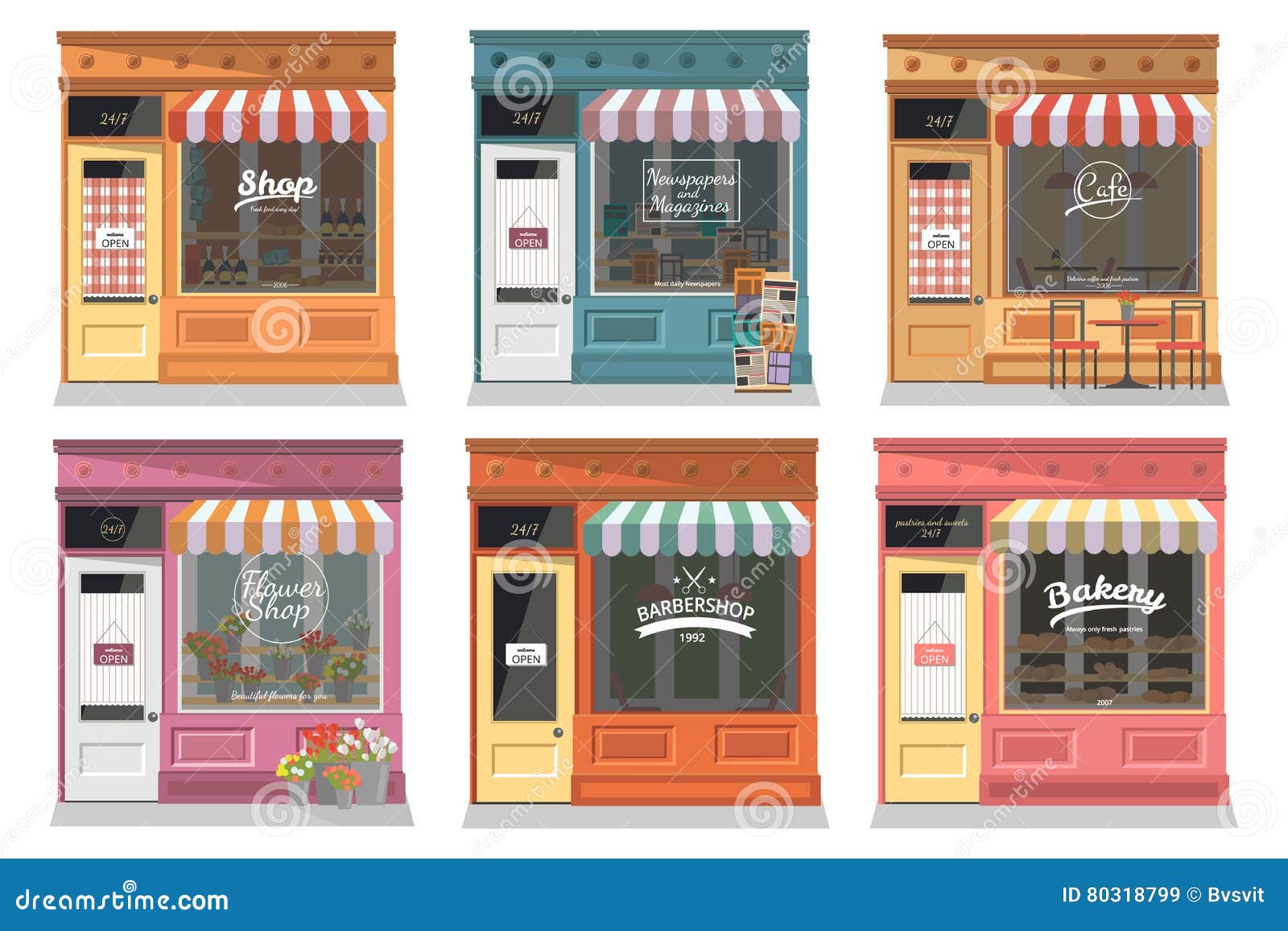 shops and stores facade icons set in flat  style.