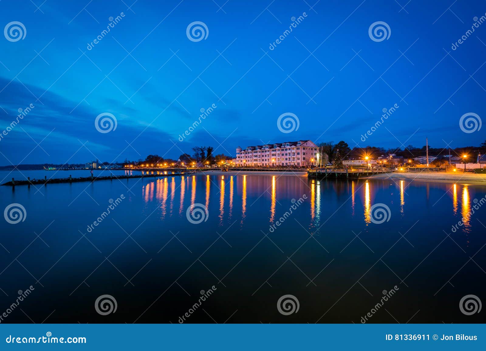 The Shore of North Beach at Night, in North Beach, Maryland. Stock
