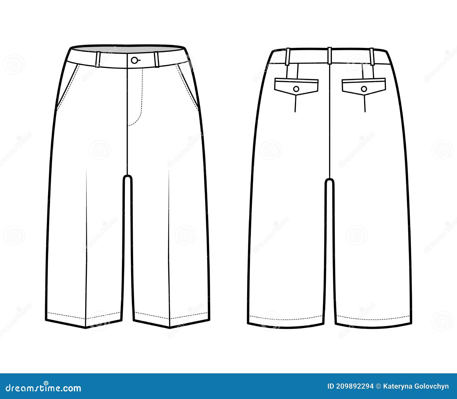 Short Bermuda Pants Technical Fashion Illustration with Knee Length ...