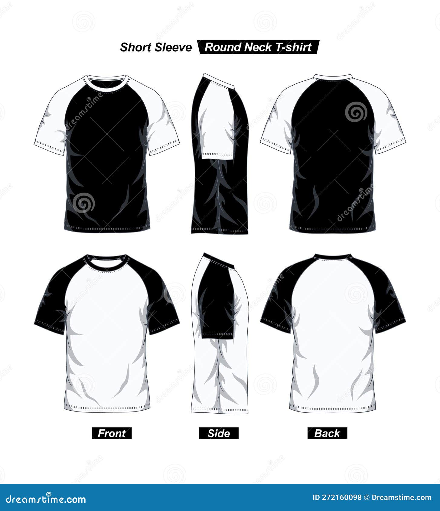 Raglan Round Neck T-Shirt Template, Short Sleeve, Black White, Front ...