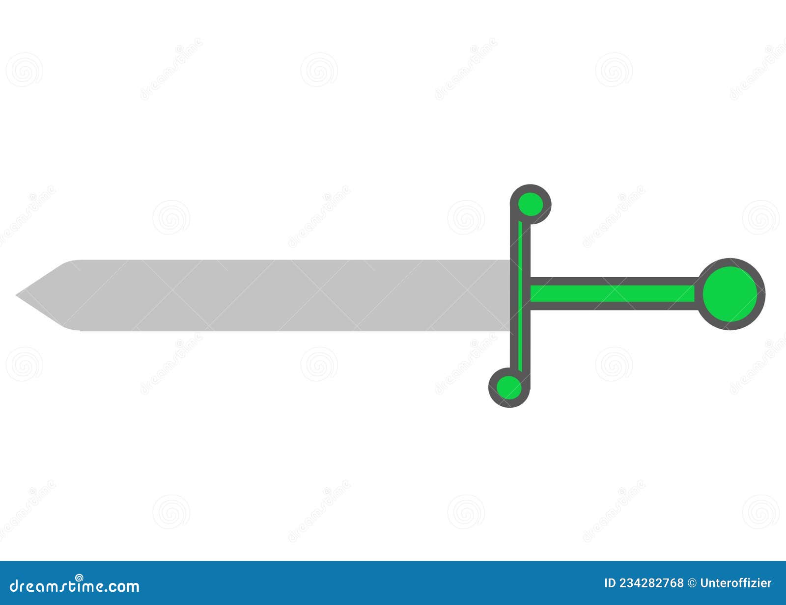 a short sword with bright green hilt and light grey blade white backdrop