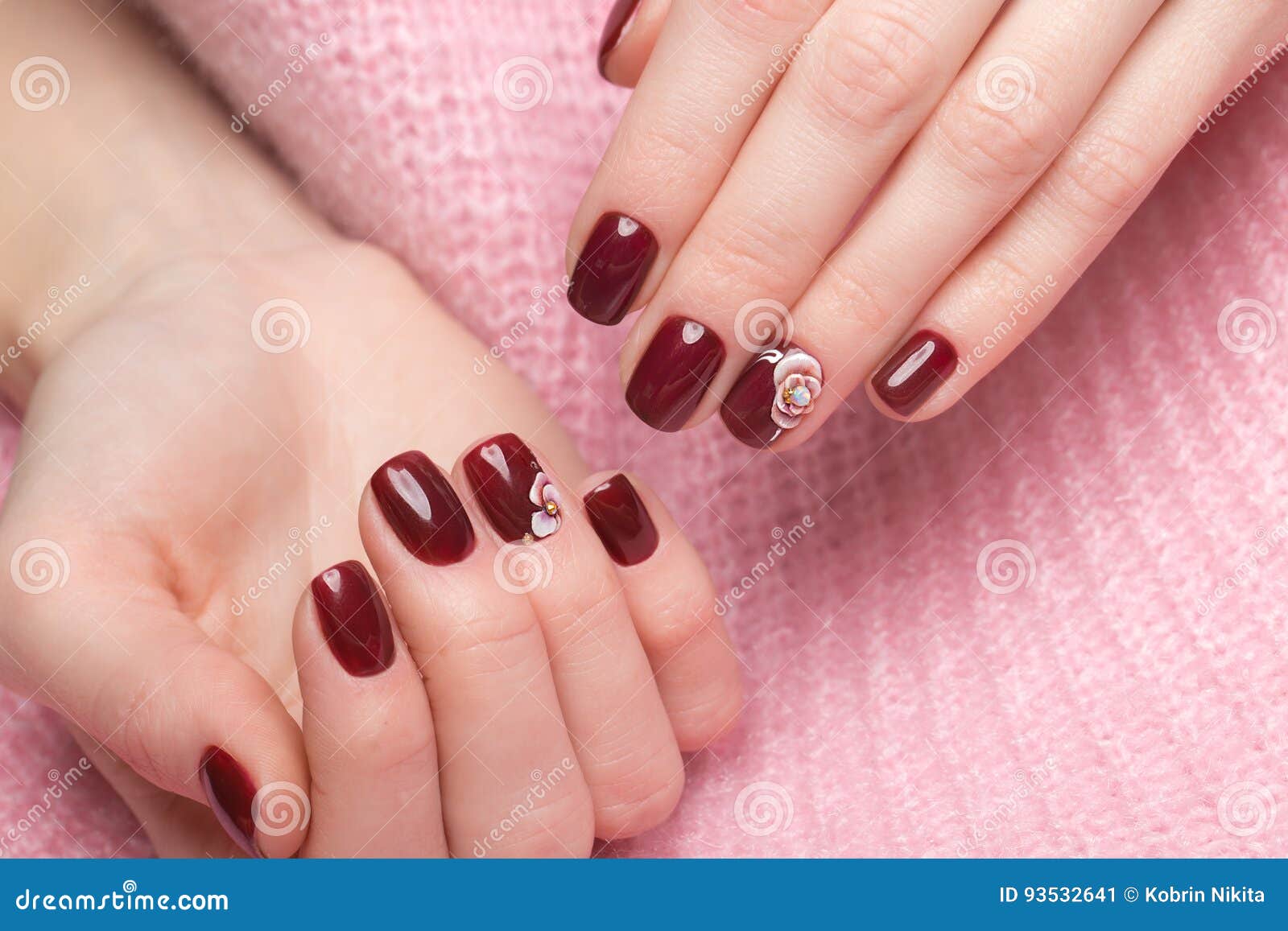 Shot Beautiful Manicure with Flowers on Female Fingers. Nails Design ...