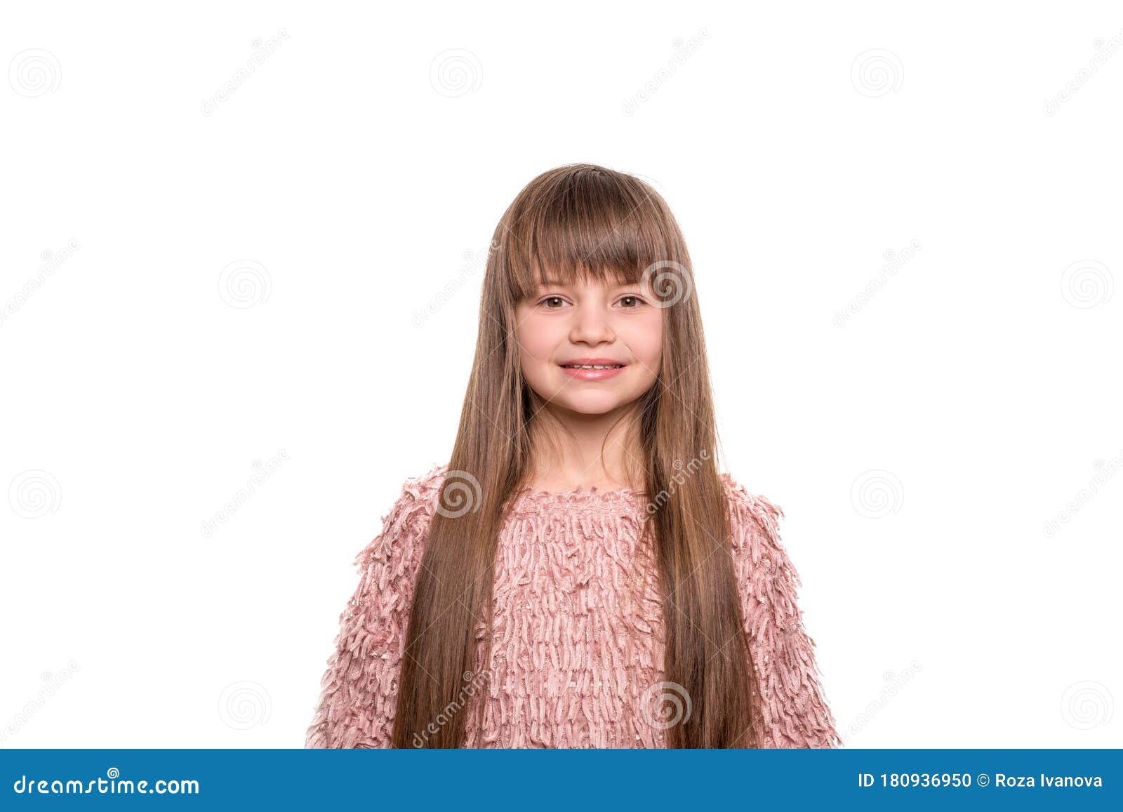 Shot Of A Blonde Young Girl With Long Hair And Bangs Wearing Pink Shirt Isolated Stock Photo Image Of Positive Preadolescent 180936950