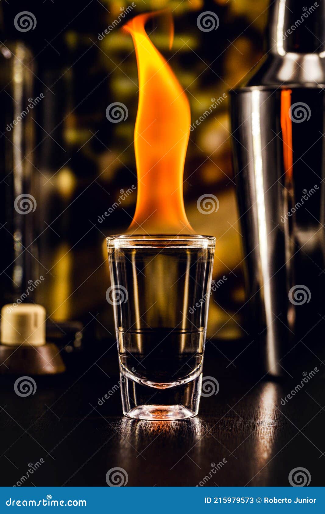 Shot of Burning Hot Drink, Shot of Alcoholic Drink with Fire, Bar