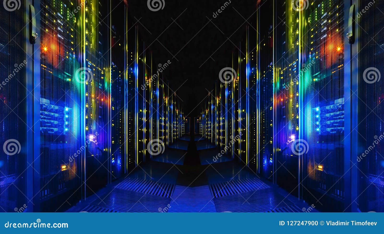 shot of corridor in large working data center full of rack servers and supercomputers.