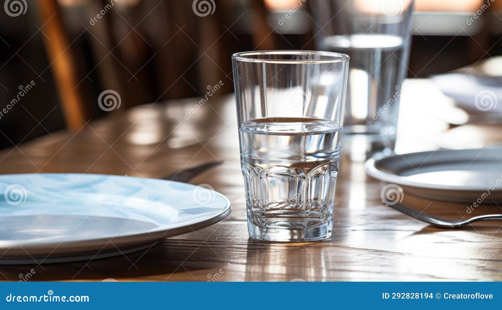 Shot of Glass of Water Next To Empty Dinnerware Generative AI Stock