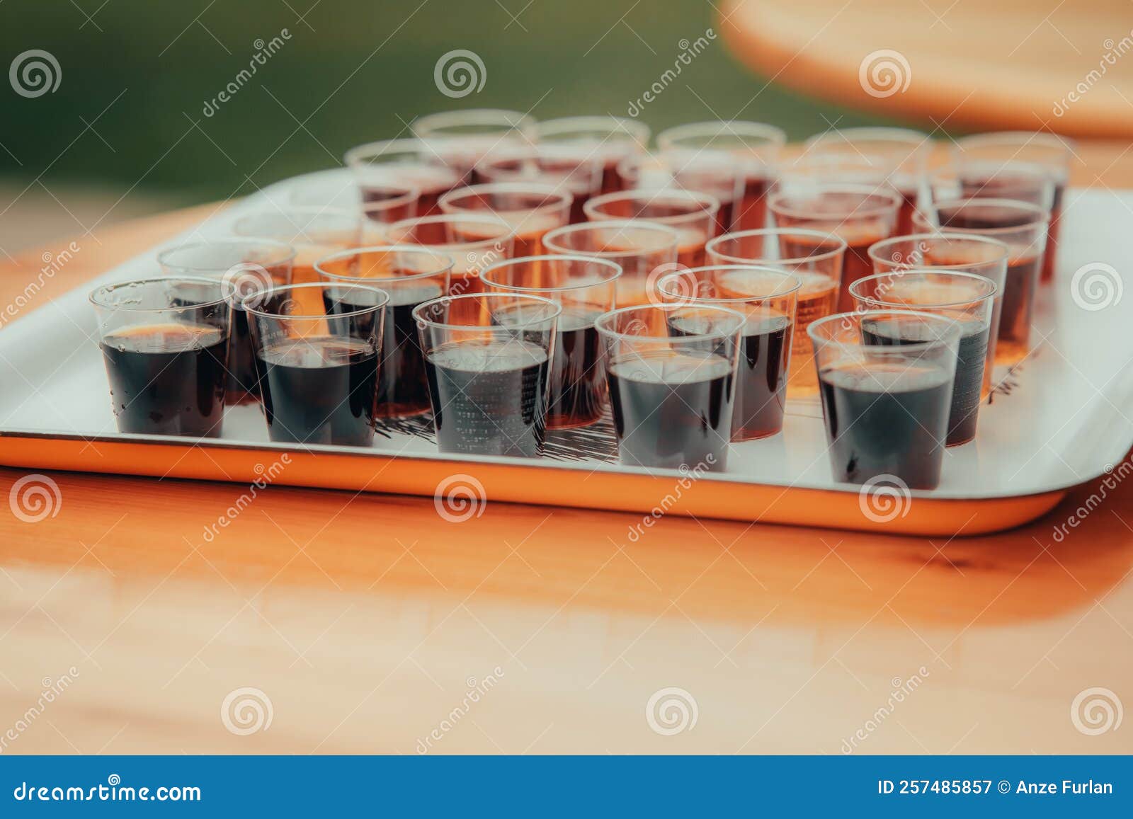 Shots or Appetizers in Plastic Glasses on a Table at a Party or Wedding