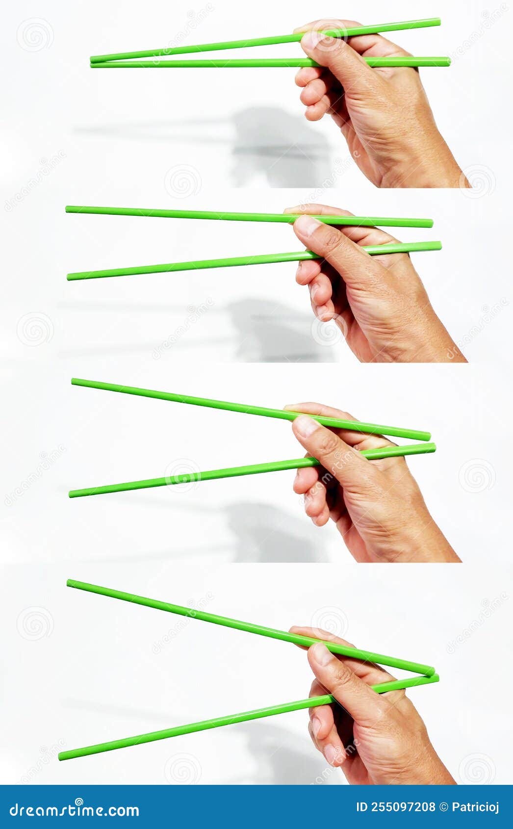before, between and after shots of multiple hands holding and opening chop sticks  on white background.