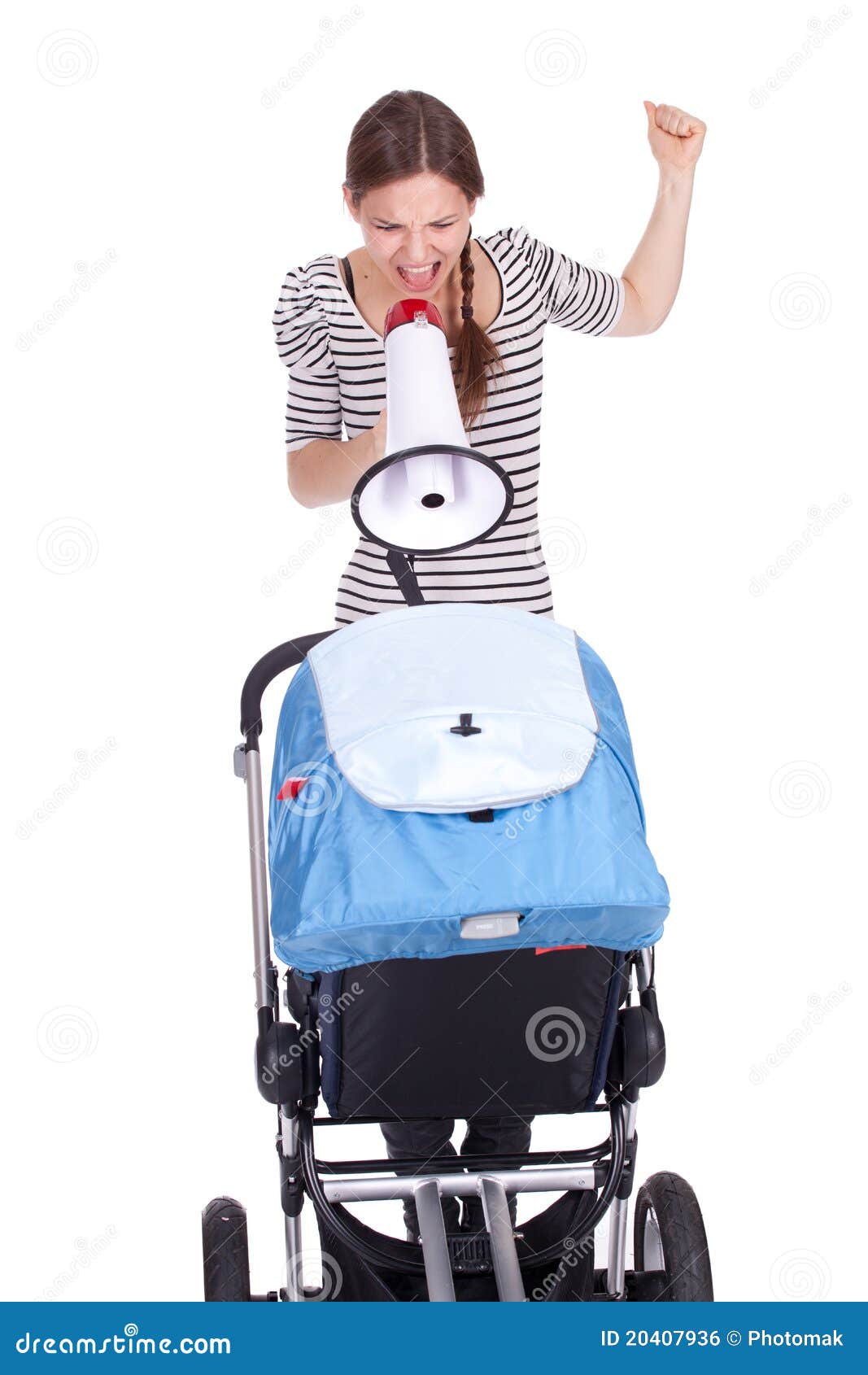 Shouting Mother with Megaphone and Baby Buggy Stock Photo Image of