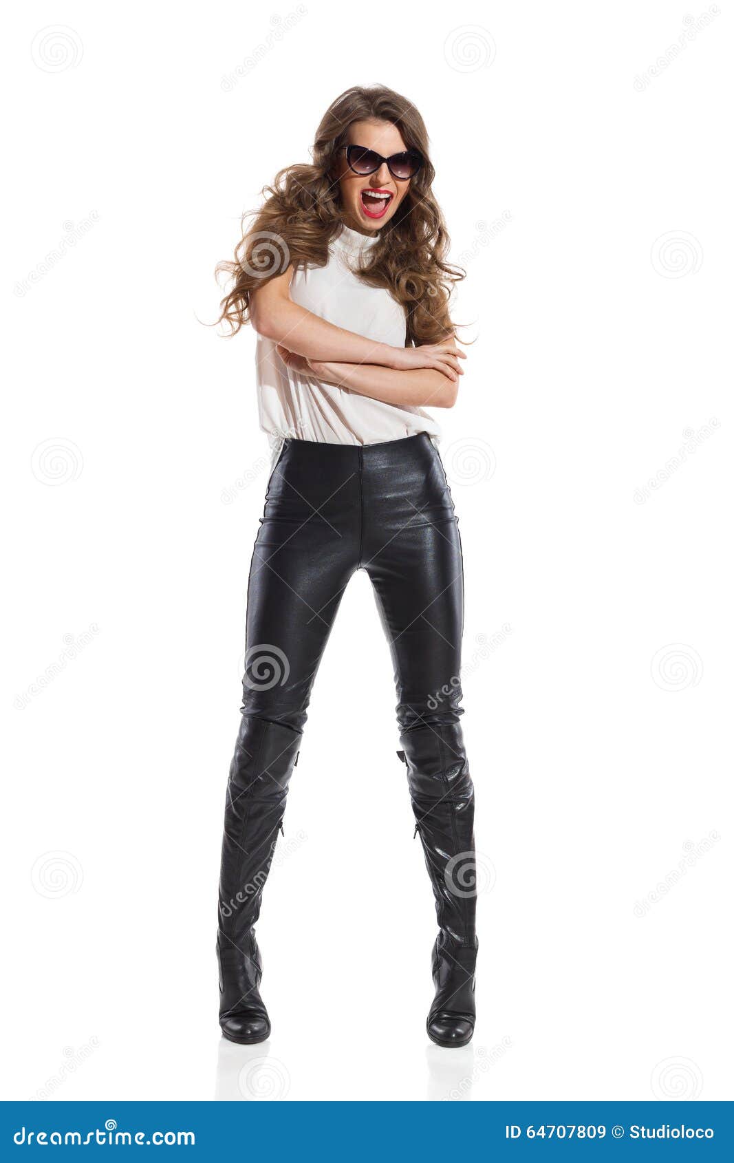 Shouting Woman in Leather Trousers Stock Image - Image of crossed ...