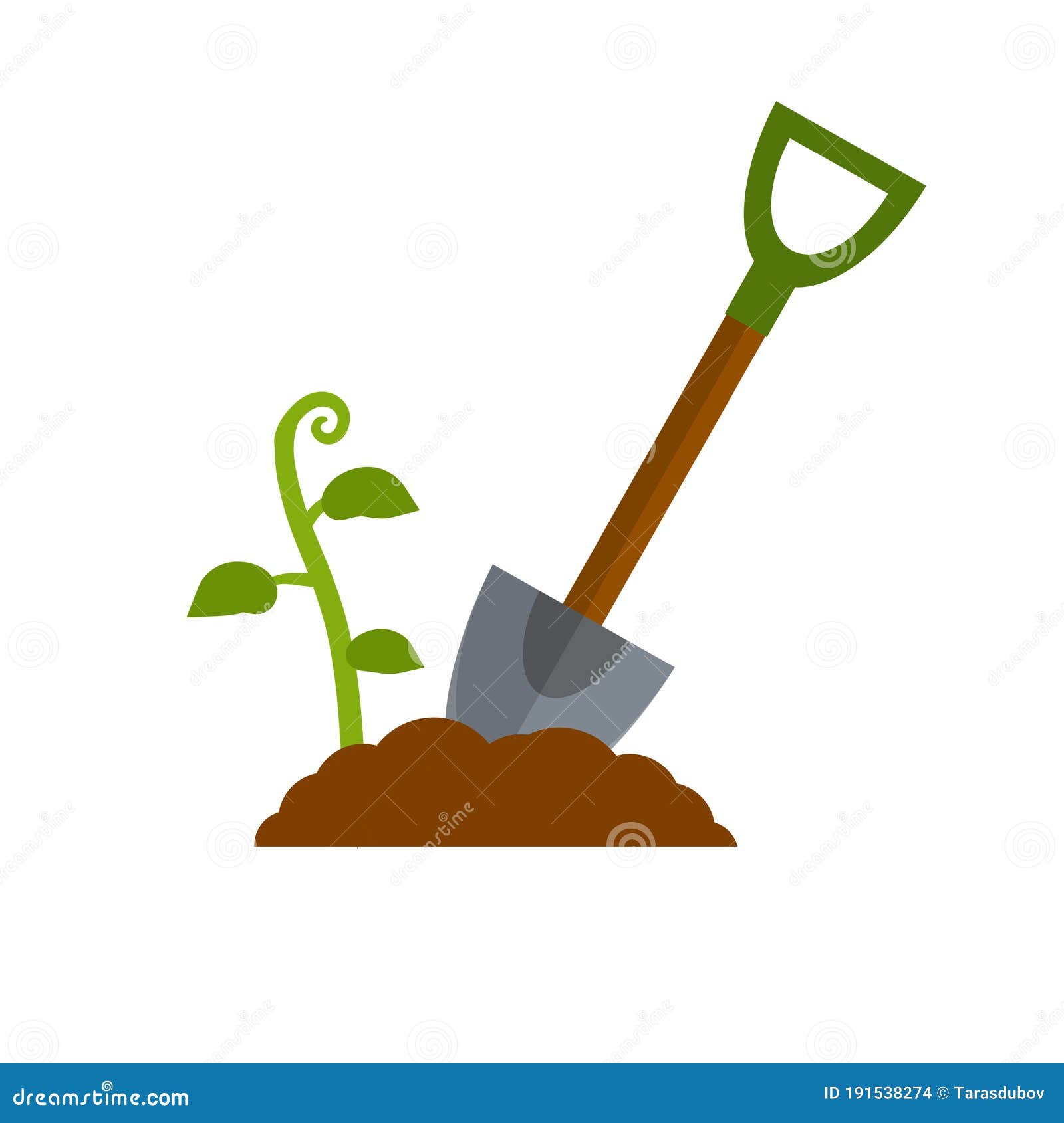 shovel. digging hole. harvest. pile of earth. wood brown tool. cartoon flat .  of farms and villages