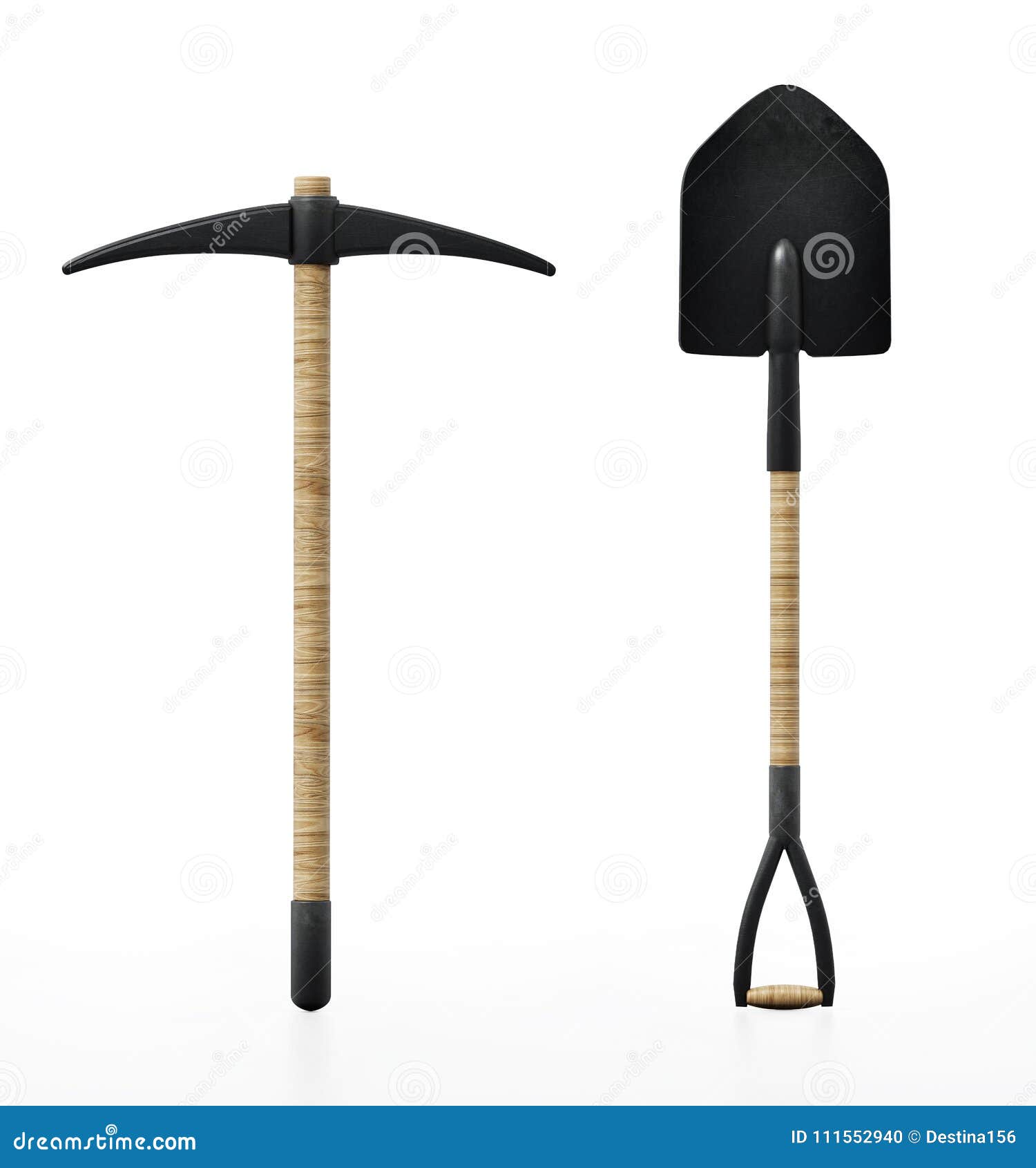Shovel and Pick Axe Isolated on White Background. 3D Illustration Stock