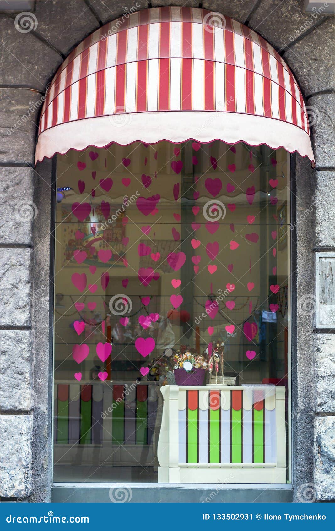 Window in sweets store stock image. Image of awning 133502931