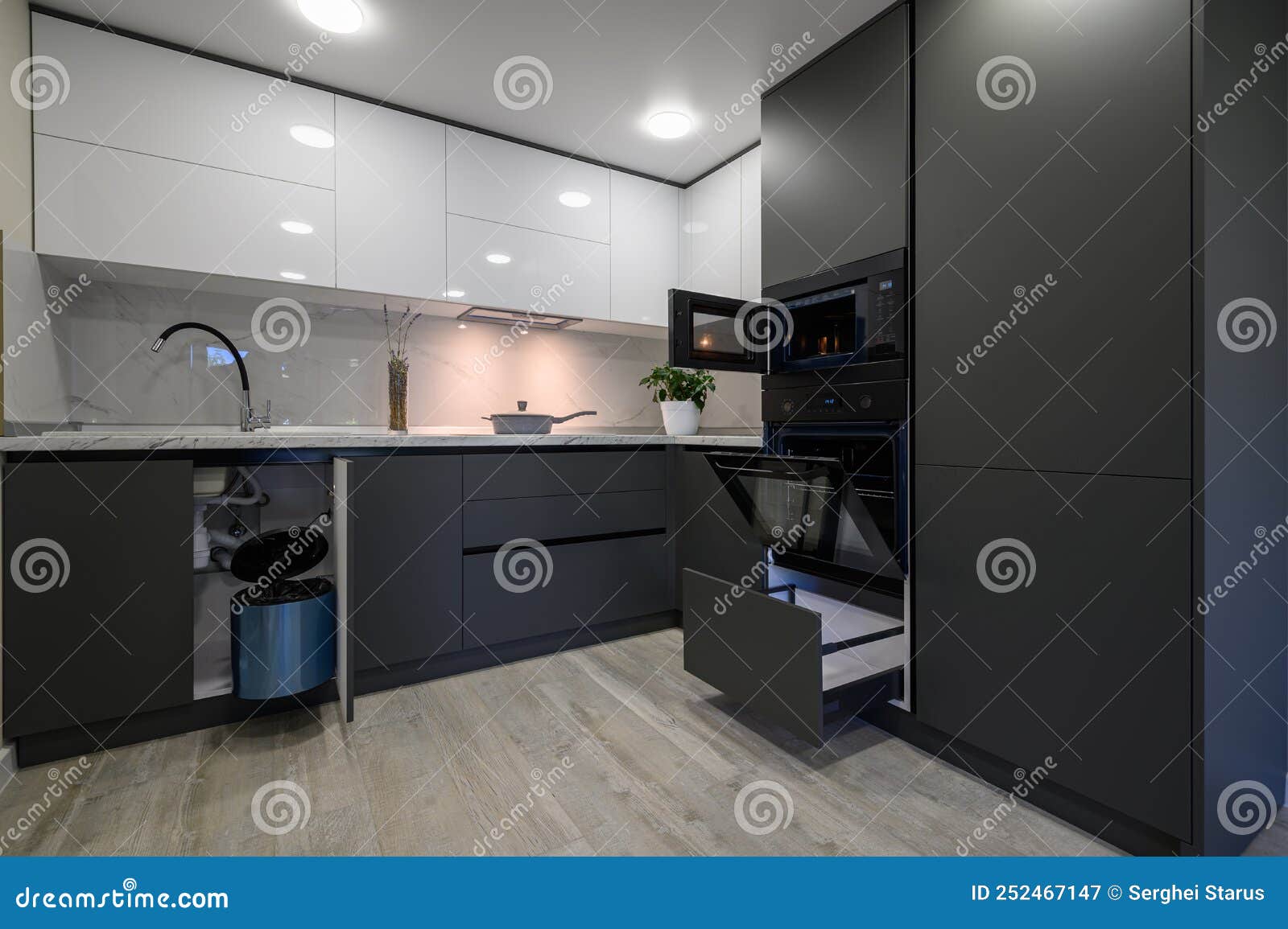 Modern Simple Trendy Dark Grey and White Kitchen Stock Image Image of