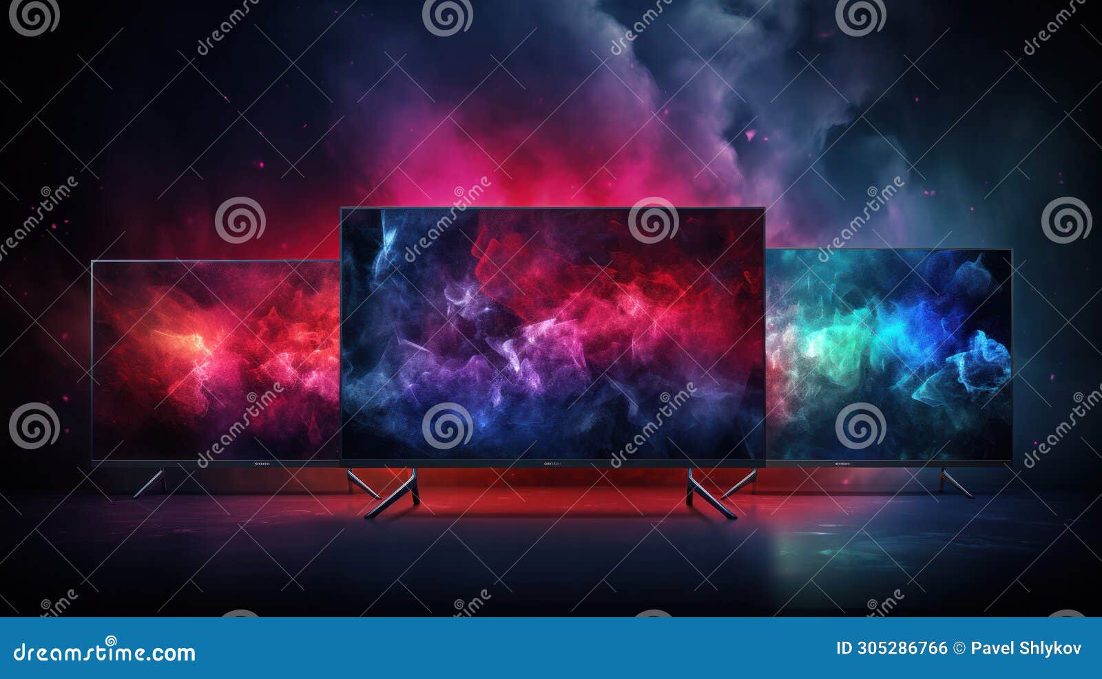 showcase with plasma tvs with color screen in store of household appliances, electronics and gadgets. buying new tv