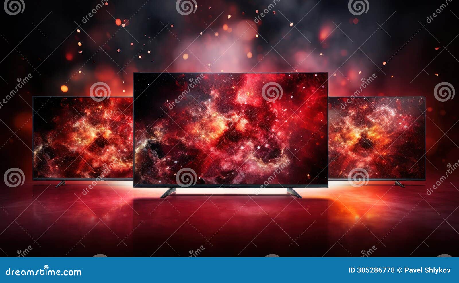 showcase with plasma tvs with color screen in store of household appliances, electronics and gadgets. buying new tv