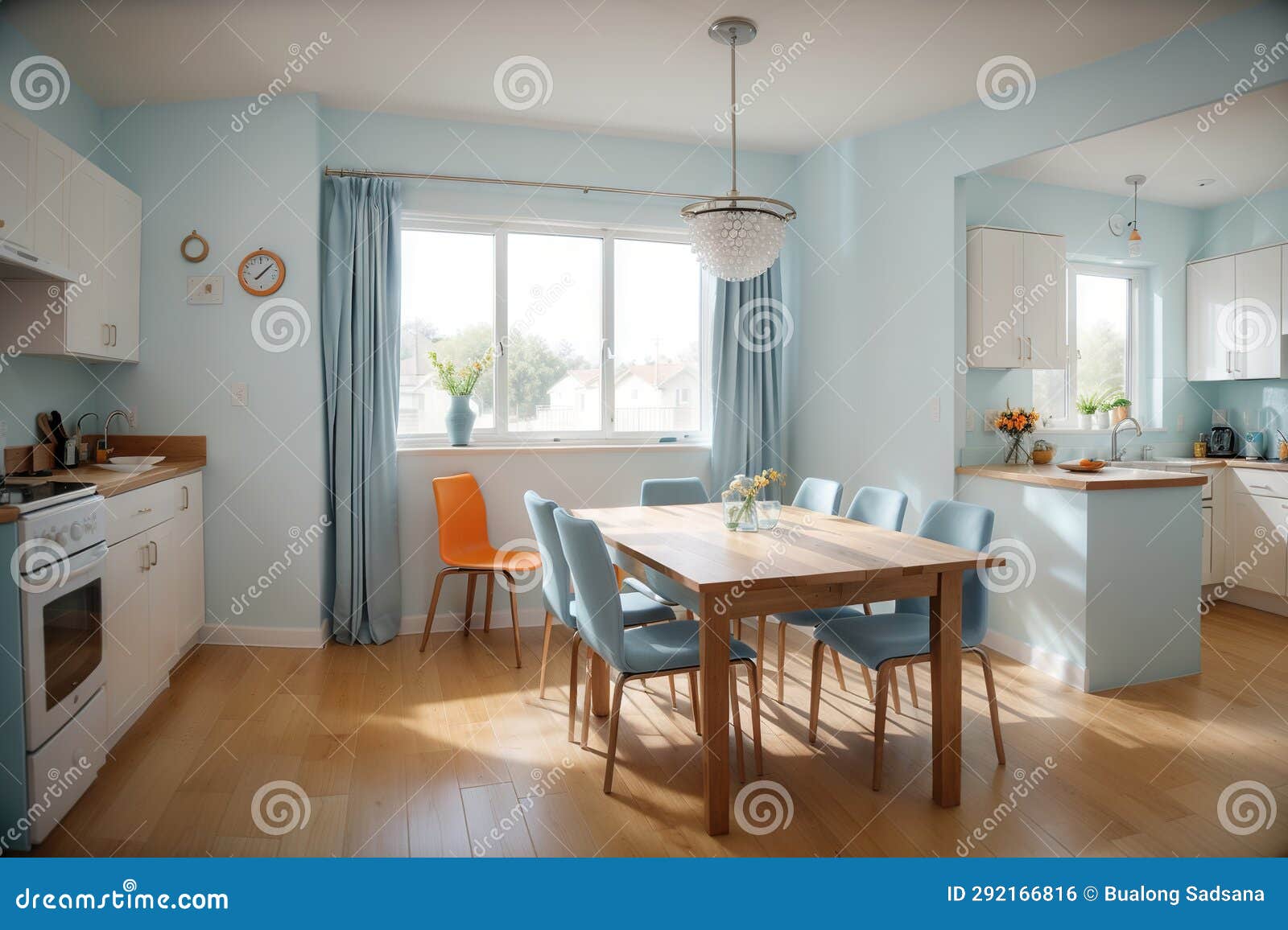 Light Blue Eatin Dining Room Next To the Kitchen with a Tile Floor