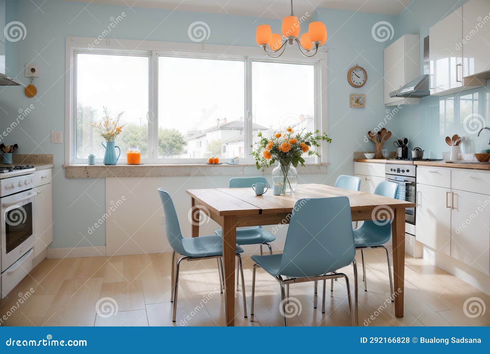 Light Blue Eatin Dining Room Next To the Kitchen with a Tile Floor